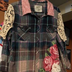Upcycled Shabby Chic Flannel and Lace shirt